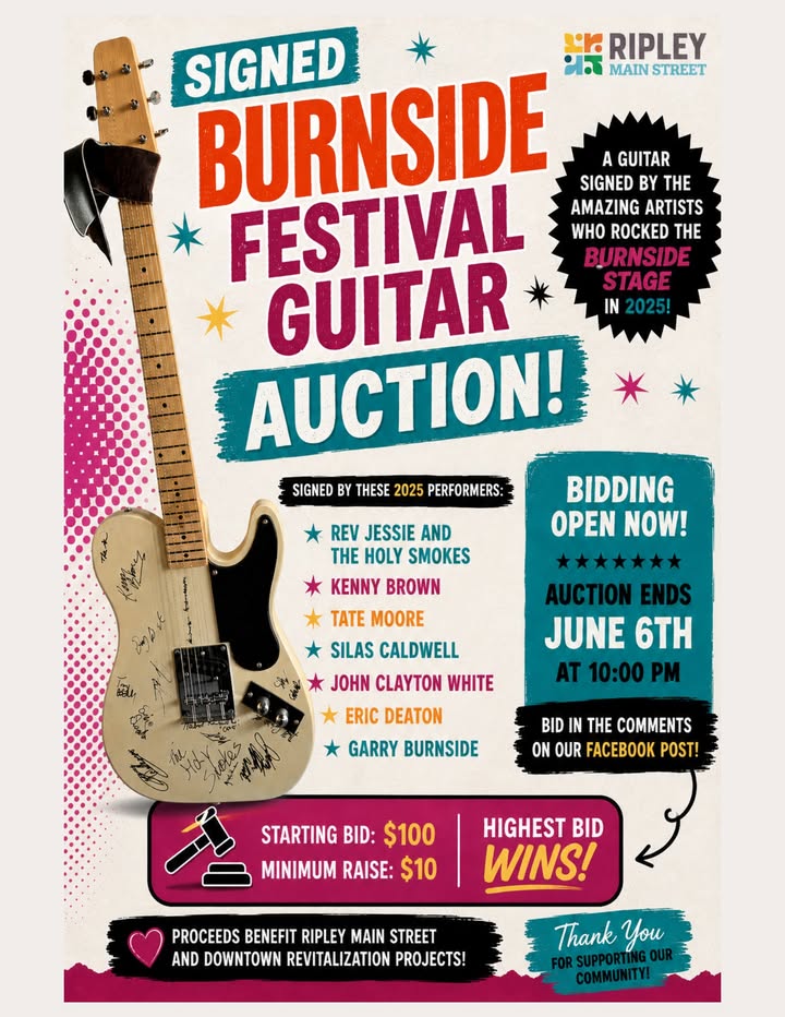 Signed Burnside Festival Guitar Hits Auction Block to Support Historic Ripley Revitalization