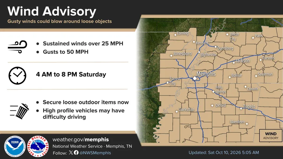 National Weather Service Memphis graphic updated October 10 showing the North Mississippi Wind Advisory, forecast gusts to 50 mph and its Saturday time window